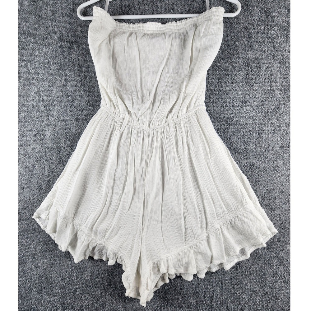 White Strapless Crinkle Gauze Romper Ruffle Hem Elastic Waist Summer Jumpsuit